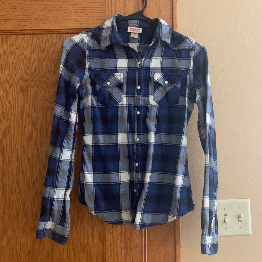 Navy plaid snap up collar shirt
